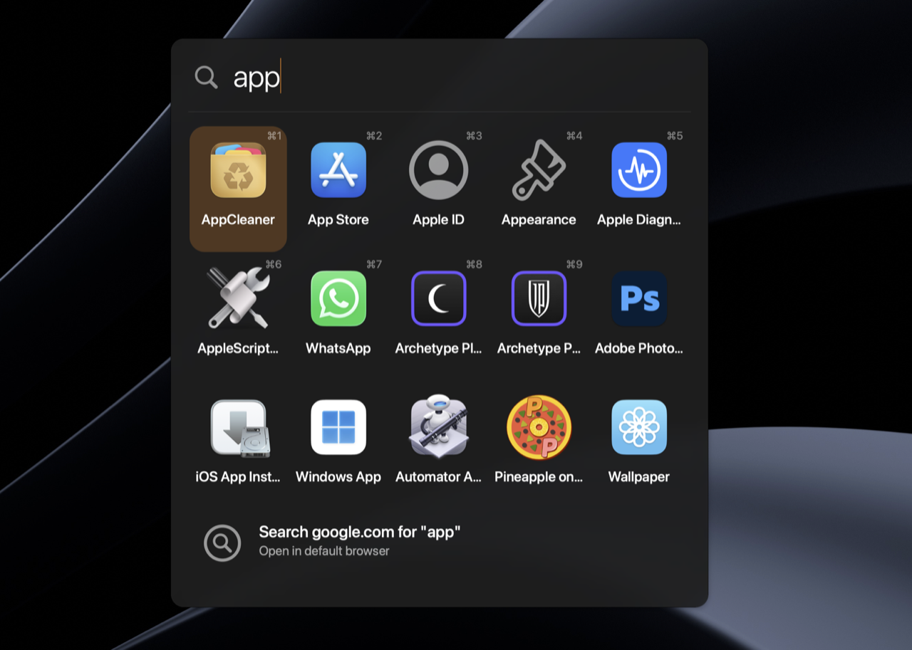 Walter macOS launcher in grid layout showing app icons as Spotlight-style tiles