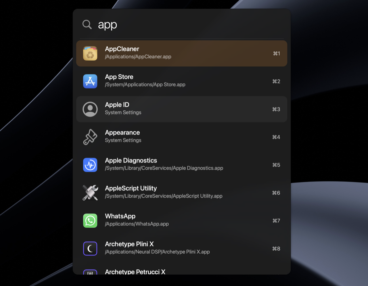 Walter macOS launcher in list layout showing fuzzy app search results with paths and quick-launch hints